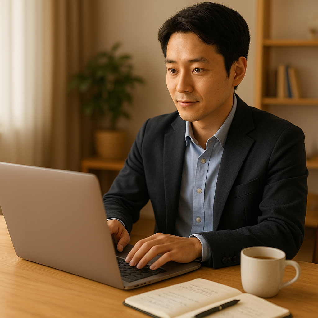 30代の人物がノートパソコンでプログラミング学習している様子